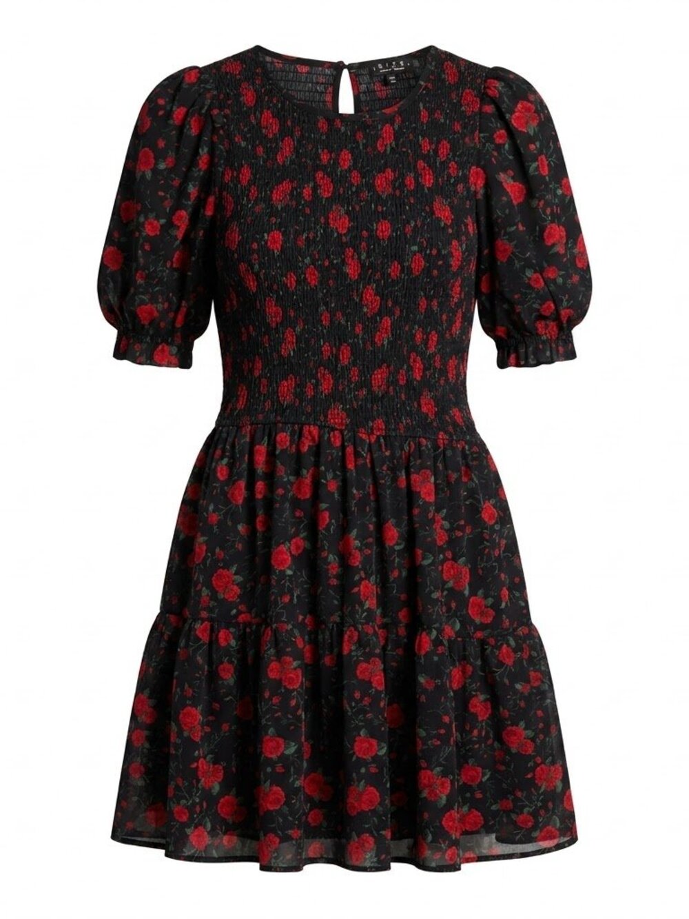 Trixxi Black Floral Smocked Mini Dress Red Rose Puff Sleeve Cottagecore M Dark